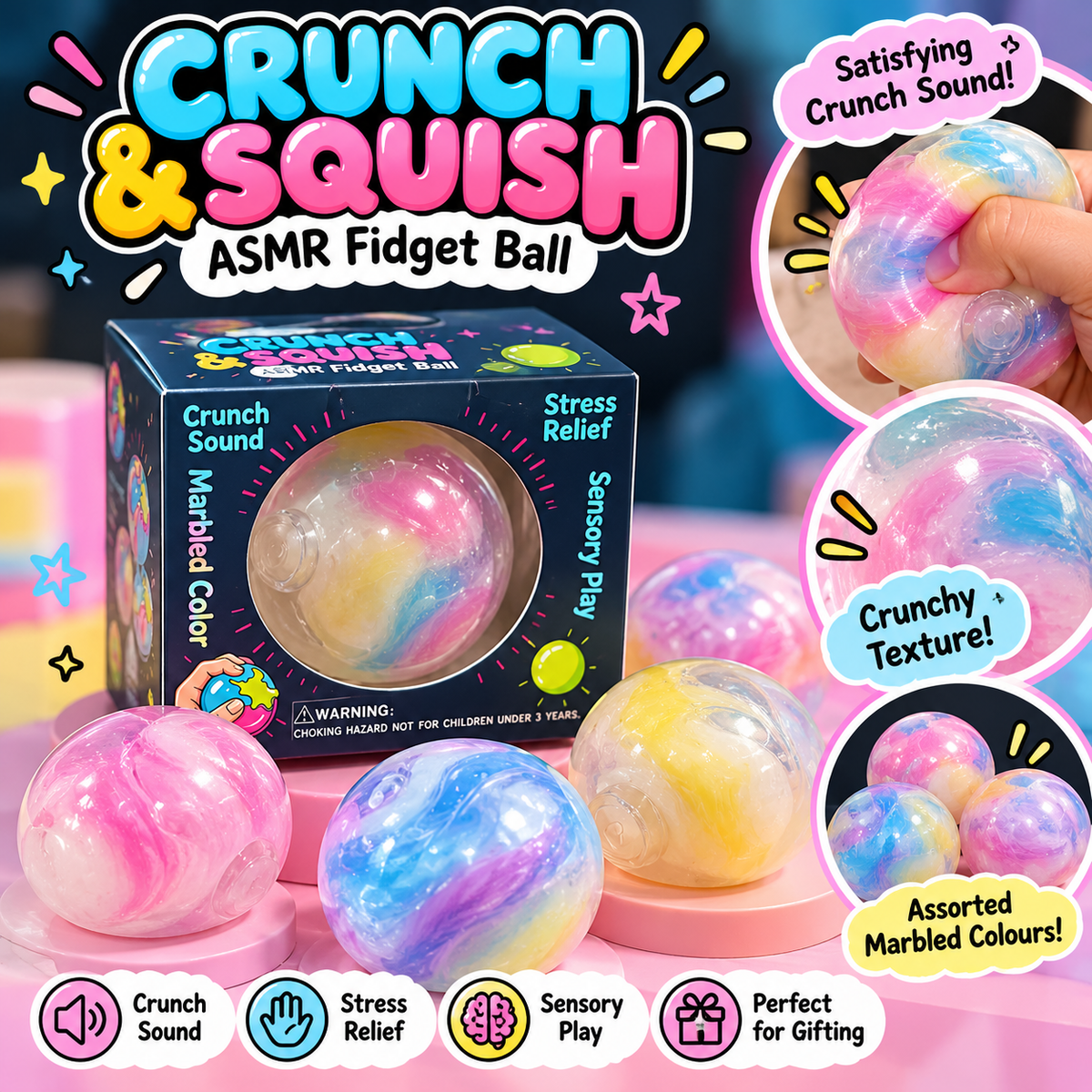 Crunch & Squish ASMR Fidget Ball – Marbled Crunchy Stress Toy